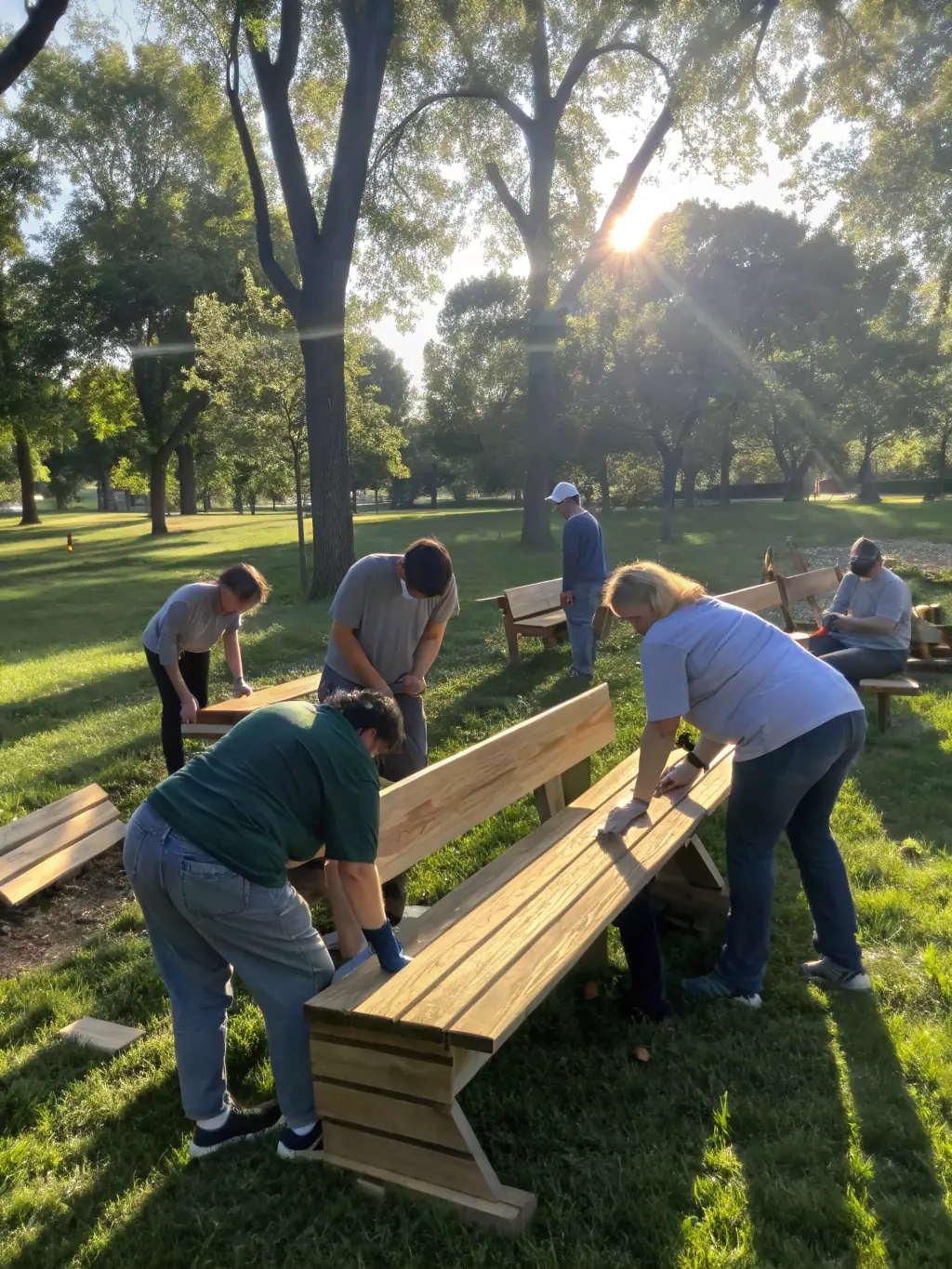 A picture of volunteers setting up for an outdoor art exhibition, showcasing the organization's support for visual arts and community involvement.