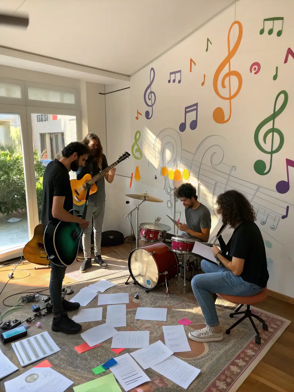 An image of young musicians collaborating on a song during a songwriting workshop, emphasizing the collaborative and educational aspects of the program.
