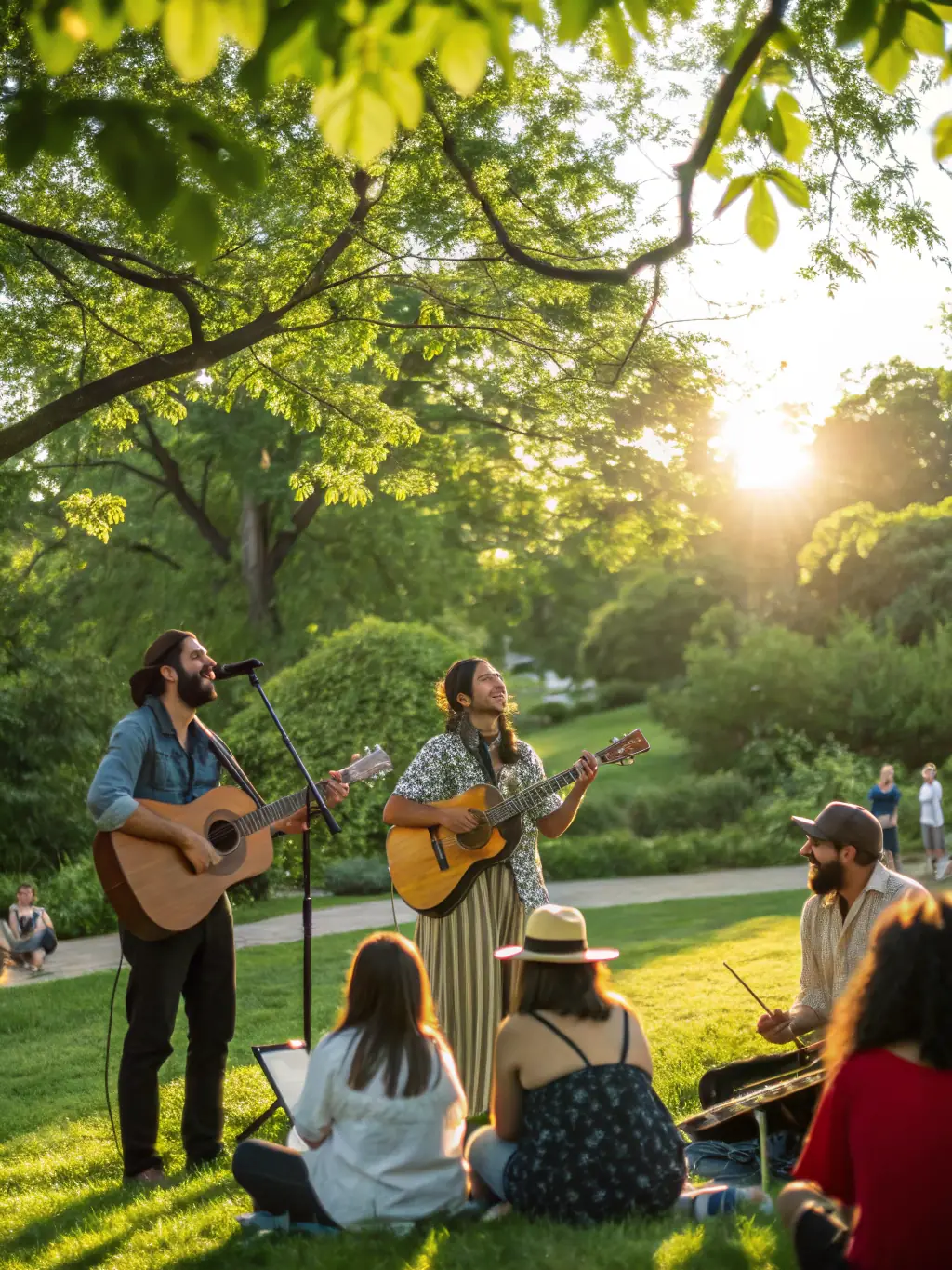 A photo of a live music performance in a local park, highlighting the organization's commitment to bringing music to public spaces.