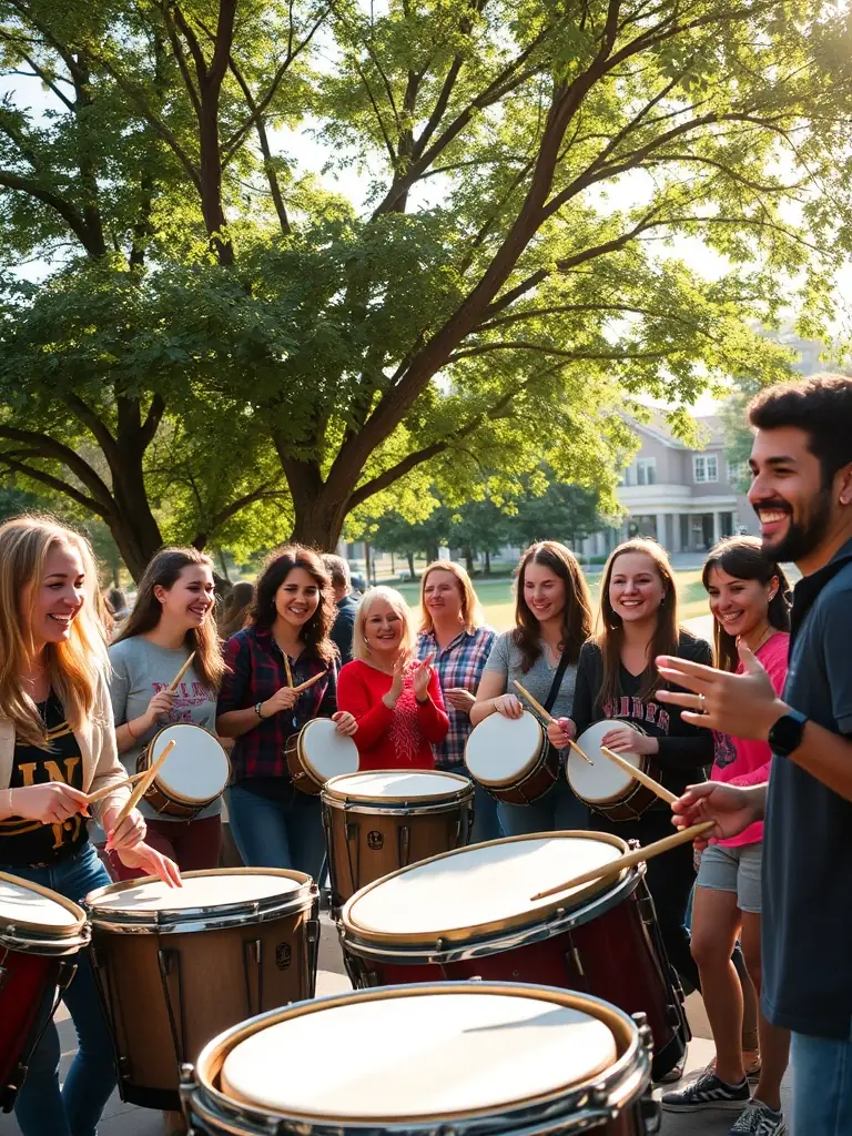 A photograph capturing a diverse group of people participating in a community drumming circle, showcasing the energy and inclusivity of the event.